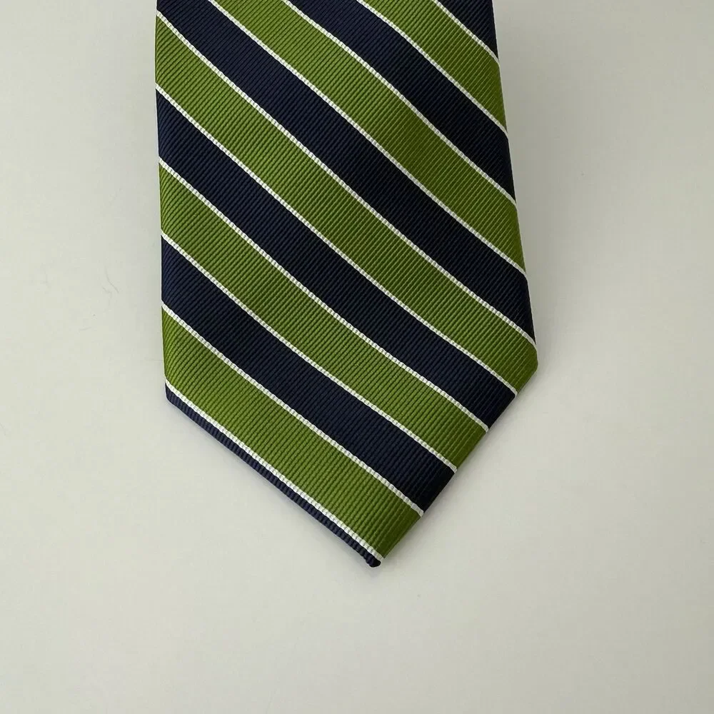 Rooster 100% Silk Repp Tie Green Blue Stripes 3.5